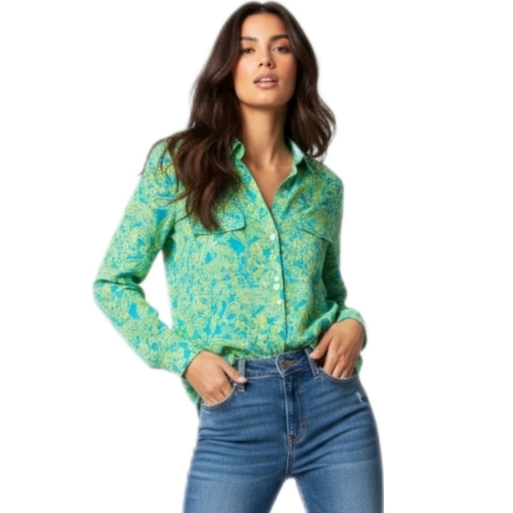 Silver Jeans Aqua Paisley Silk Blend Button Up Y2K Blouse